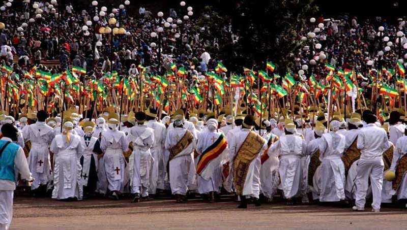 Massive crowd with Ethiopian flags celebrating Enkutatash, Ethiopian New Year, in Addis Ababa
