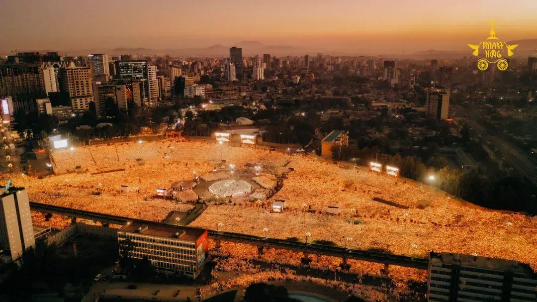 Aerial view of Jan Meda filled with hundreds of thousands of candles for Genna, Addis Ababa