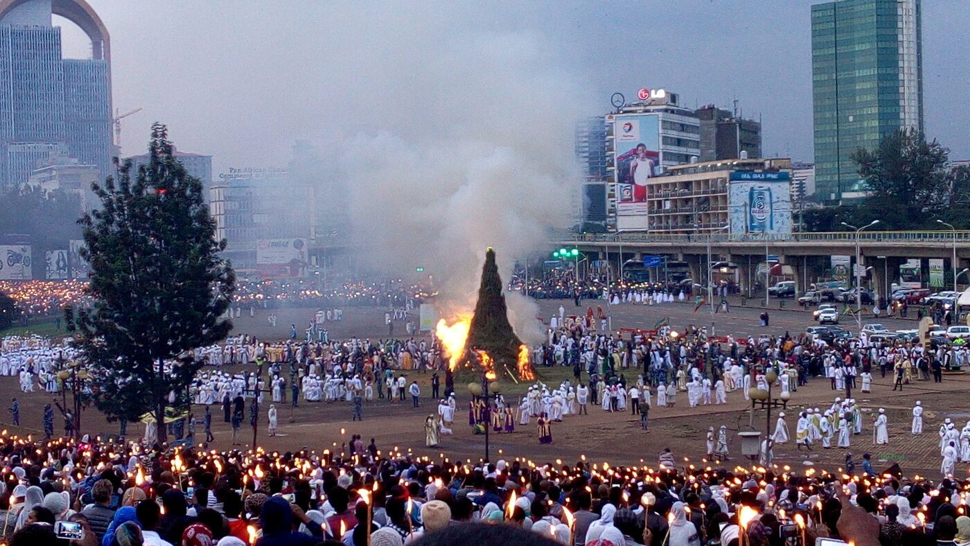 Thousands gather at Meskel Square for the Demera bonfire, Addis Ababa